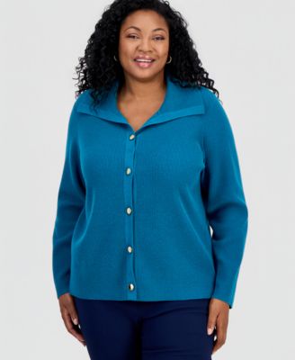 Plus Size Collared Long-Sleeve Cardigan