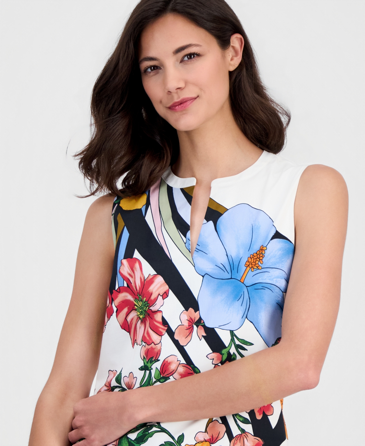 T Tahari Women's Printed Split-Neck Sleeveless Dress