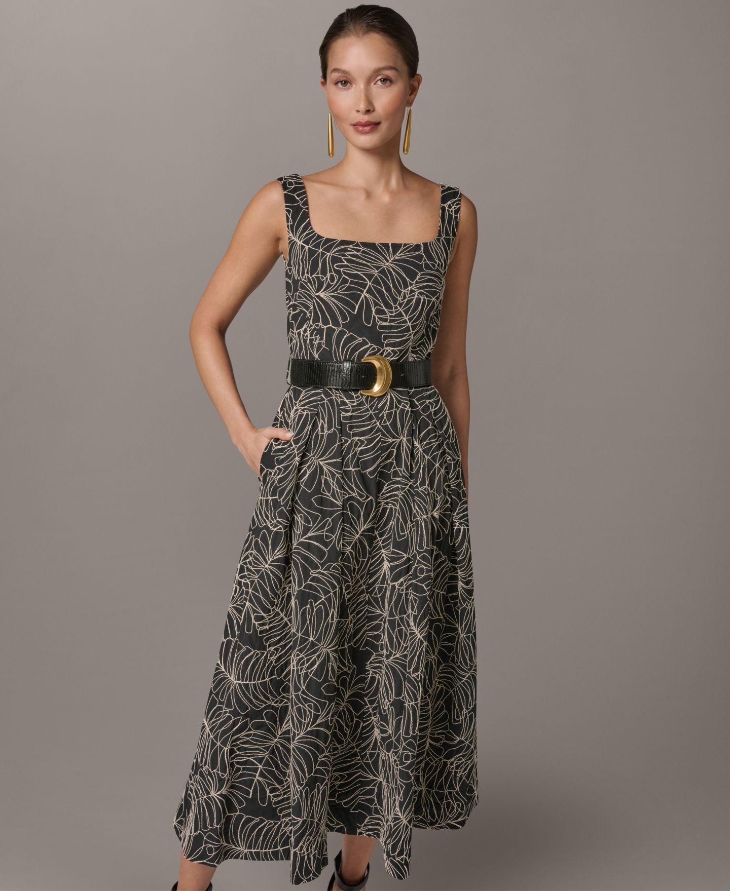Женское платье Donna Karan New York Square Neck A-Line Midi Dress with Polyurethane Belt, цвет: Чёрный / Светлый холщовый — фото 3