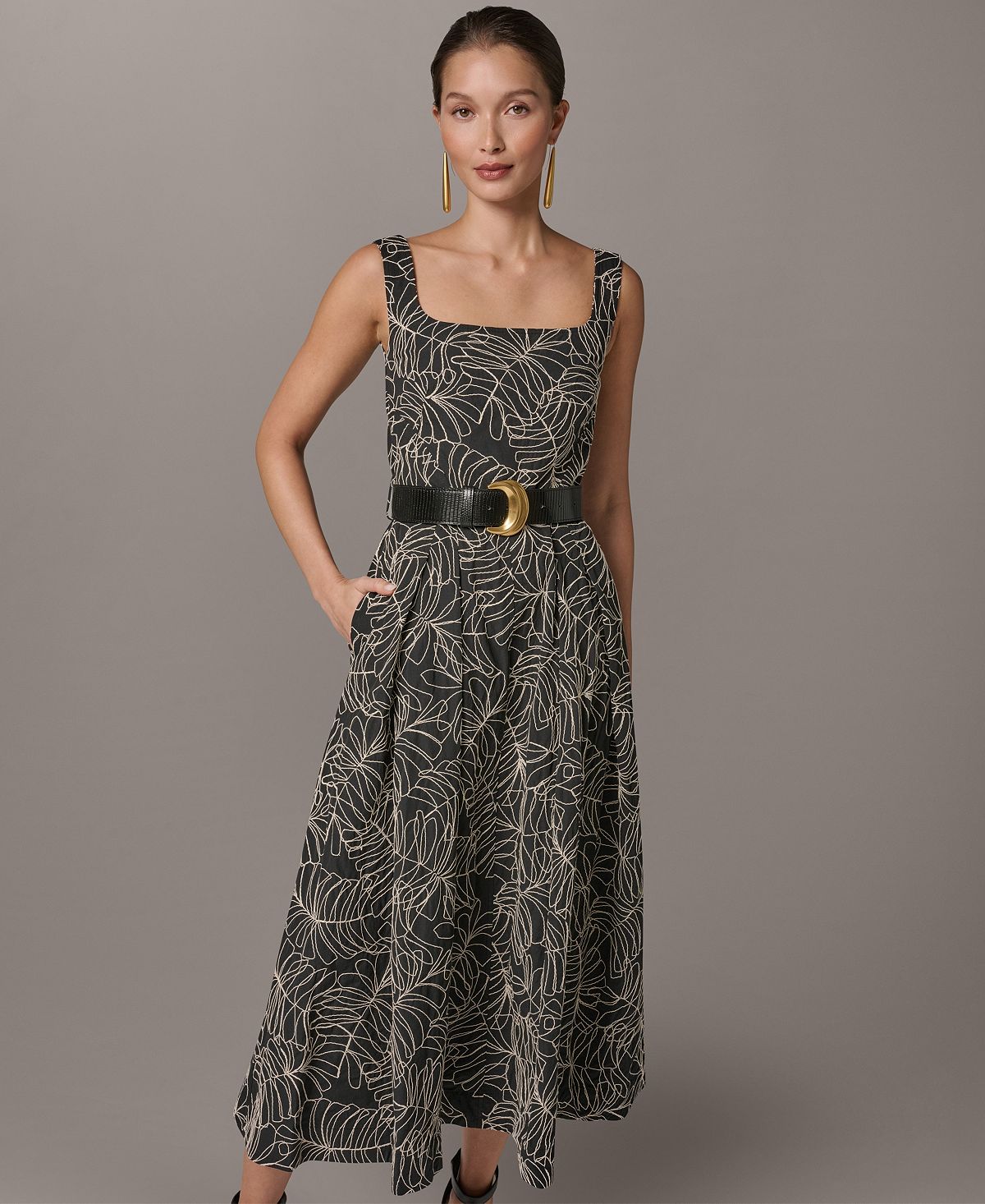 Donna Karan New York Women's Square Neck A-Line Midi Dress with Polyurethane Belt view 3 — MAYCSS fashion products