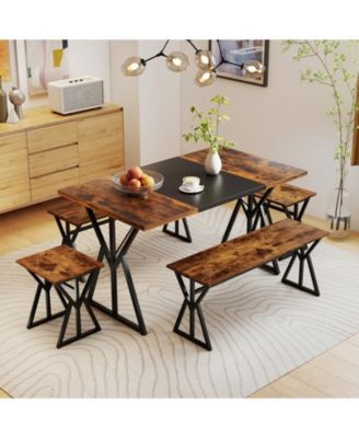 5-Piece Industrial Dining Room Set Rectangular Kitchen Table with 2 Benches and 2 Stools