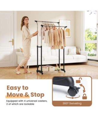 Double Rod Rolling Garment Rack with Adjustable Height from 42 to 69 in