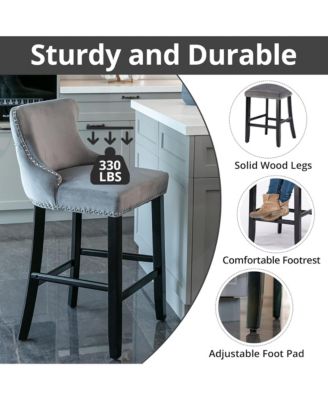 Velvet Wingback Bar Stools Set of 2, Counter Height Chairs with Solid Wood Legs, Button Tufted and Nailhead Trim for Kitchen Island