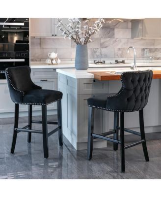 Velvet Wingback Bar Stools Set of 2, Counter Height Chairs with Solid Wood Legs, Button Tufted and Nailhead Trim for Kitchen Island