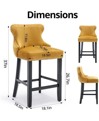 Velvet Wingback Bar Stools Set of 2, Counter Height Chairs with Solid Wood Legs, Button Tufted and Nailhead Trim for Kitchen Island