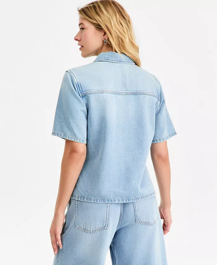 Women's Soft Denim Button-Front Short-Sleeve Shirt - thumbnail 4