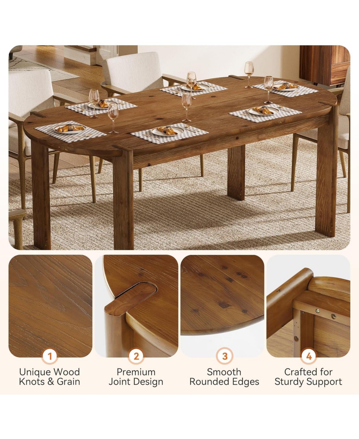 Tribesigns 63" Solid Wood Dining Table for 4-6, Farmhouse Wooden Kitchen Table, Oval Dining Room Table for Kitchen