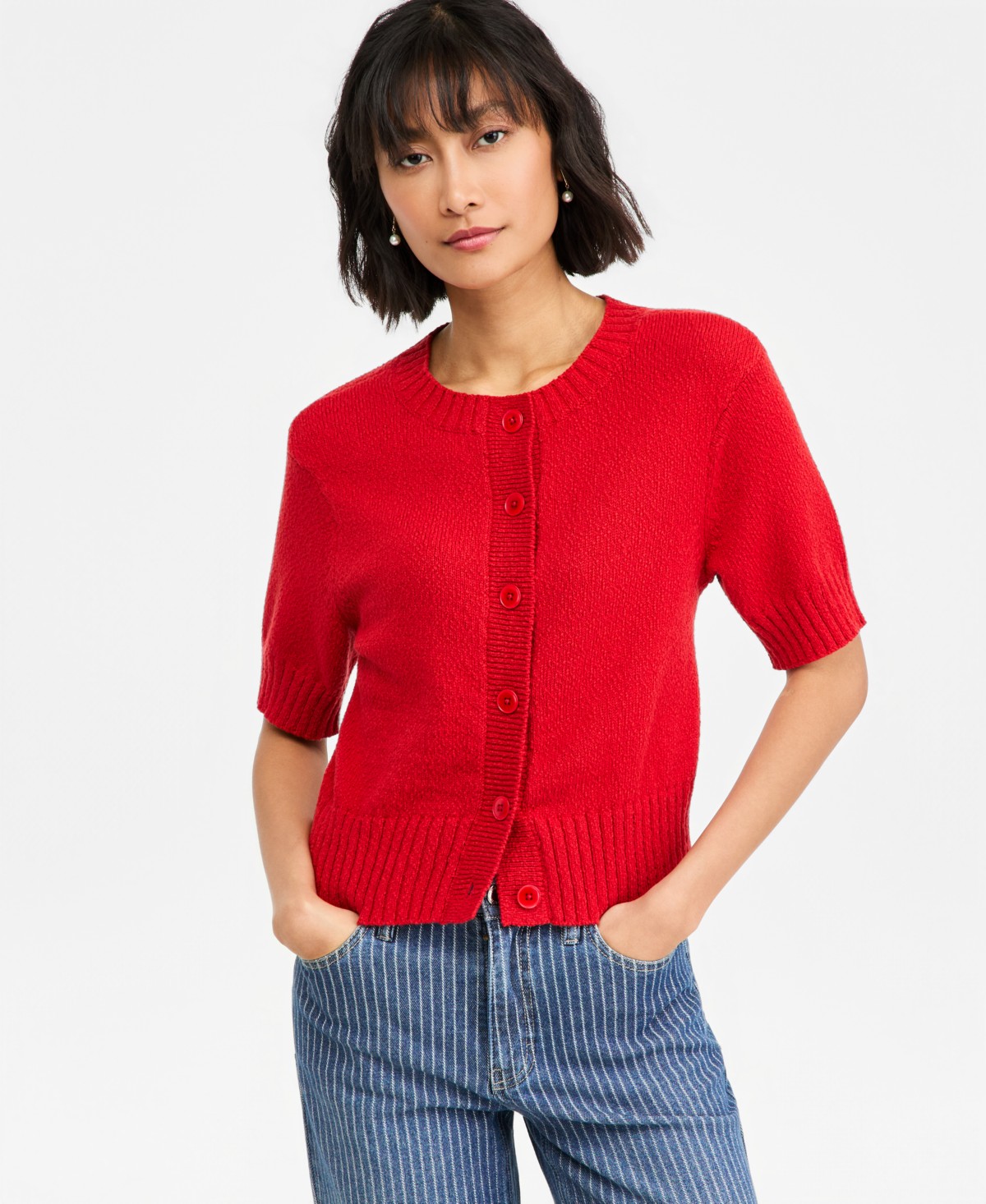 Женские On 34th Women's Crewneck Short-Sleeve Textured Button-Front Cardigan — фото 1