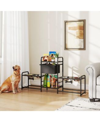 Black Elevated Dog Bowl Stand - 3 height adjustable, 2 feeding stations, built-in toy bin basket. Neat, ergonomic design