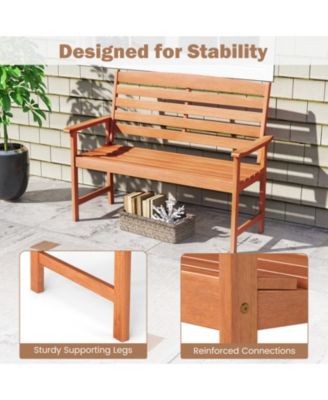 2-Person Wooden Outdoor Bench with Slatted Backrest and Armrests