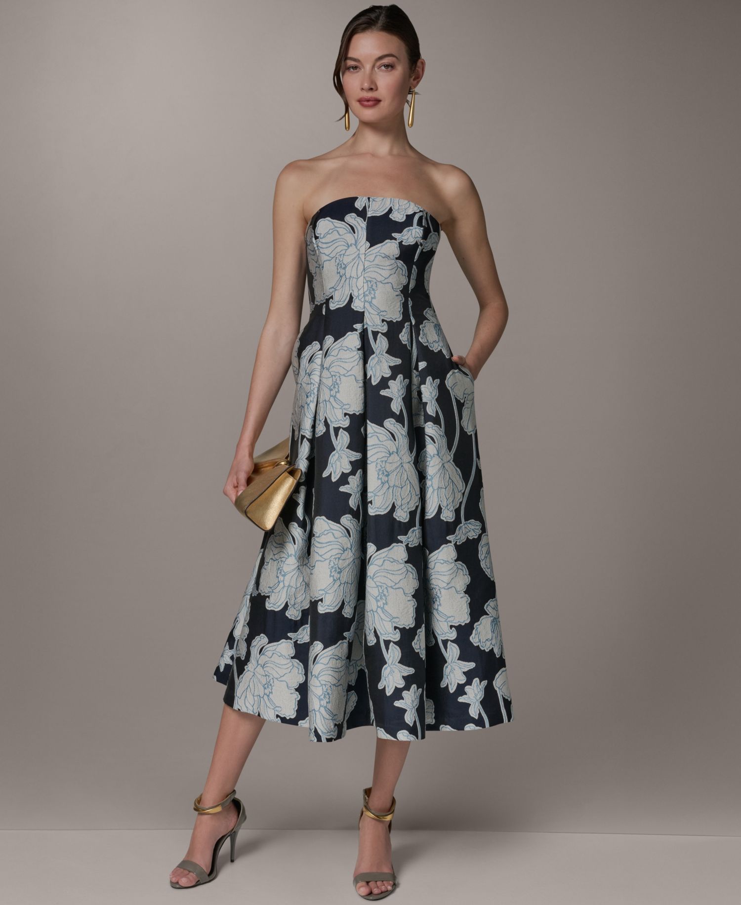 Women's Strapless Jacquard Fit & Flare Floral Midi Dress
