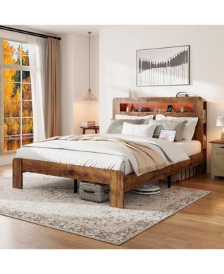 Bed Frame Queen Size, Wood Platform Bed Frame with Storage LED Light Headboard and 2 USB