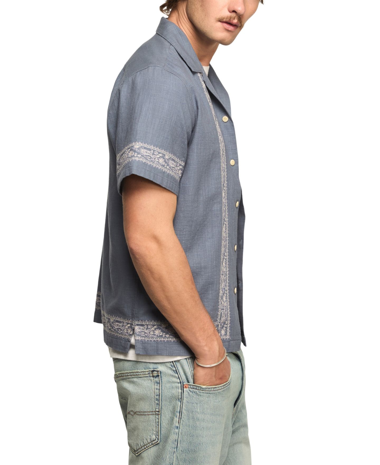 Мужской топ Lucky Brand Detailed Lace Trim Camp Collar Short-Sleeve, цвет: Синий — фото 3