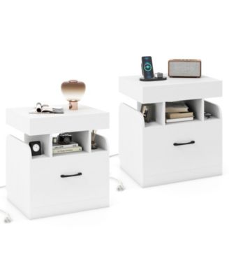 2-Piece Nightstand with Charging Station Drawer Sliding Top Storage Tray Open Shelves
