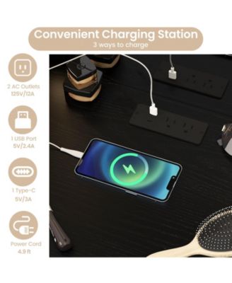 Compact Vanity Desk Set with 3-Color Lighted Mirror, Power Outlets and Stool