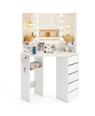 Corner Vanity Desk with 3-Color LED Mirror, 5 Drawers and Power Outlet