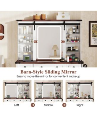 Farmhouse Vanity Desk with Barn-Style Sliding Mirror and 3 Lighting Modes