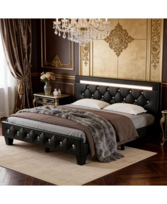 Queen Size Bed Frame with LED Light and Charging Station