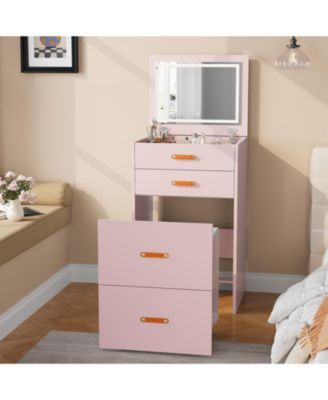 3-in-1 Compact Vanity Desk with Mirror and Adjustable LED Lights, Dressing Table Set with Storage and Rolling Chair, For Girls' Bedrooms