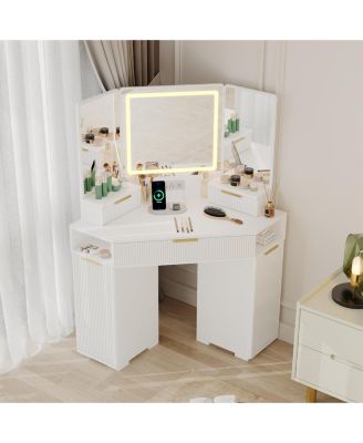 Corner Vanity, Corner Vanity Desk with Mirror and Lights, Fluted Makeup Table with Charging Station, Drawers, Storage Cabinets