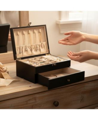 Rustic Wooden Jewelry Organizer Box for Women Farmhouse Style Solid Wood Linen Lined Multifunctional Holder