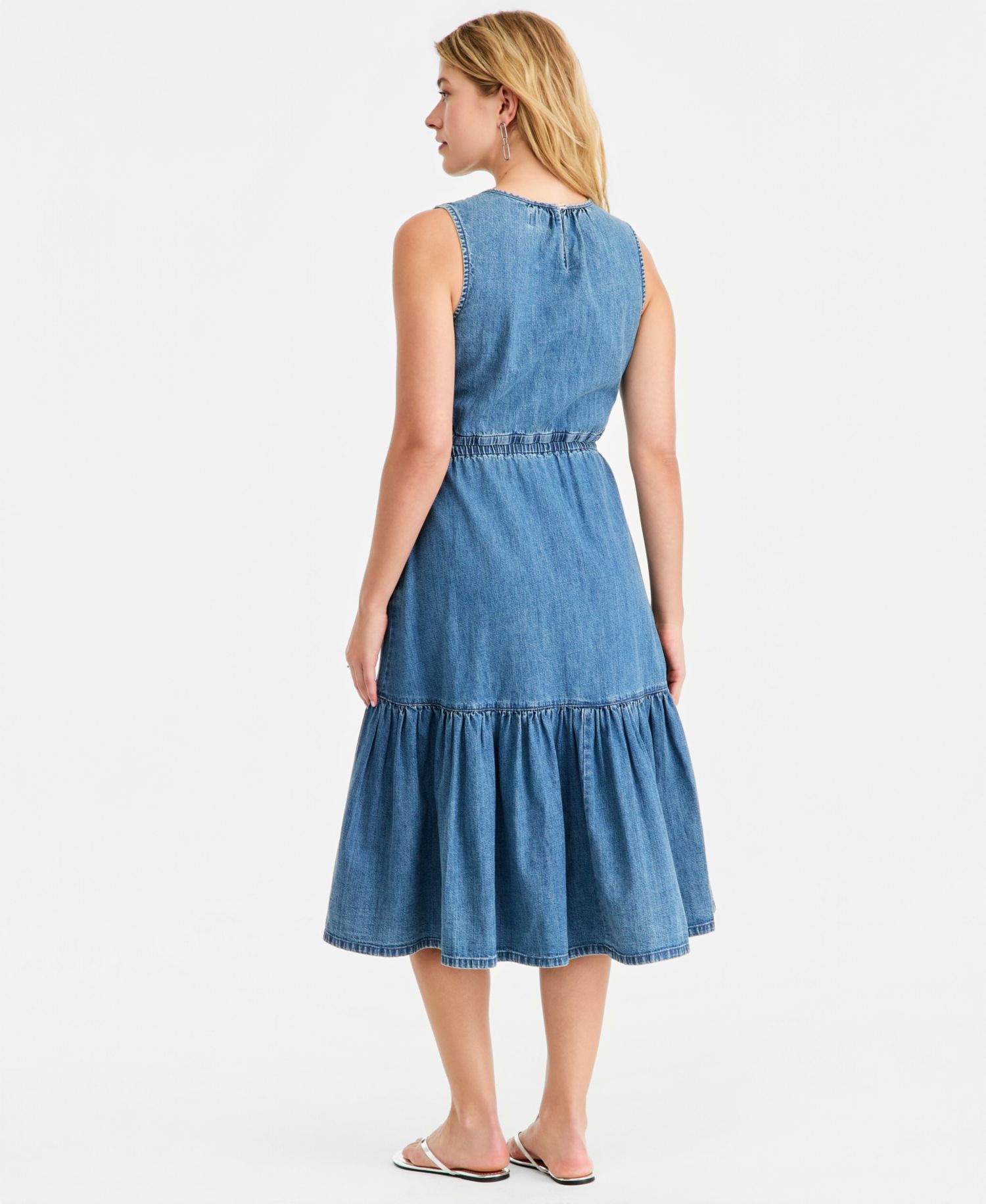 Women's Denim Tiered Cutout Midi Dress
