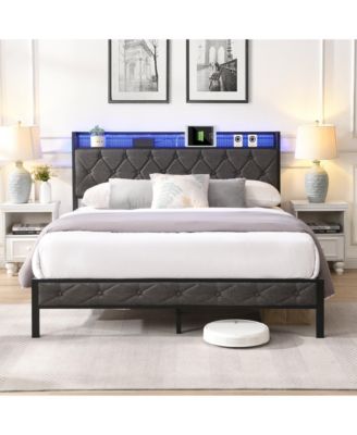 Full Bed Frame with Storage Headboard, Charging Station and LED Lights