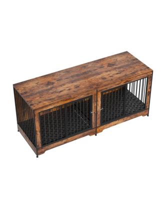 74" Dog House Kennel Table, Double Door Indoor Crate with Divider and Removable Trays
