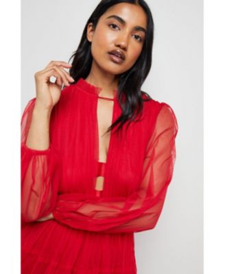 Women's Ruffle Neck Tulle Maxi Dress