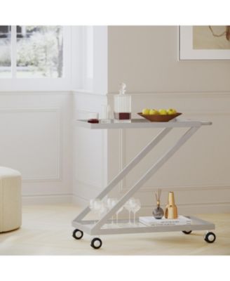 Modern Iron and Tempered Glass Bar Cart with Z-Frame, Locking Rolling Casters