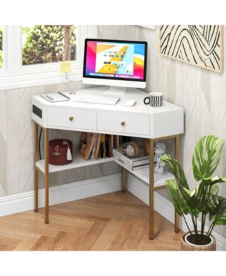 Triangular Corner Desk with Charging Station, 2 Drawers and Bottom Storage Shelf