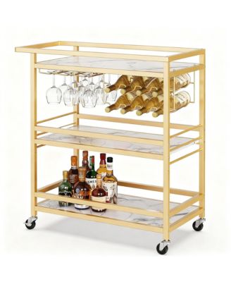 Bar Cart with Wine Rack & Glass Holder with Removable Tray - Swivel Casters