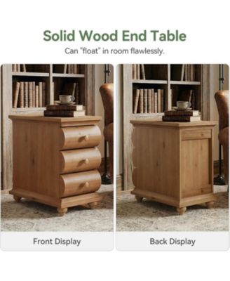 Solid Wood End Table Set of 2, 3 Drawers Narrow Sofa Side Table with Finished Back, Rustic Slim Nightstand Bedside Table