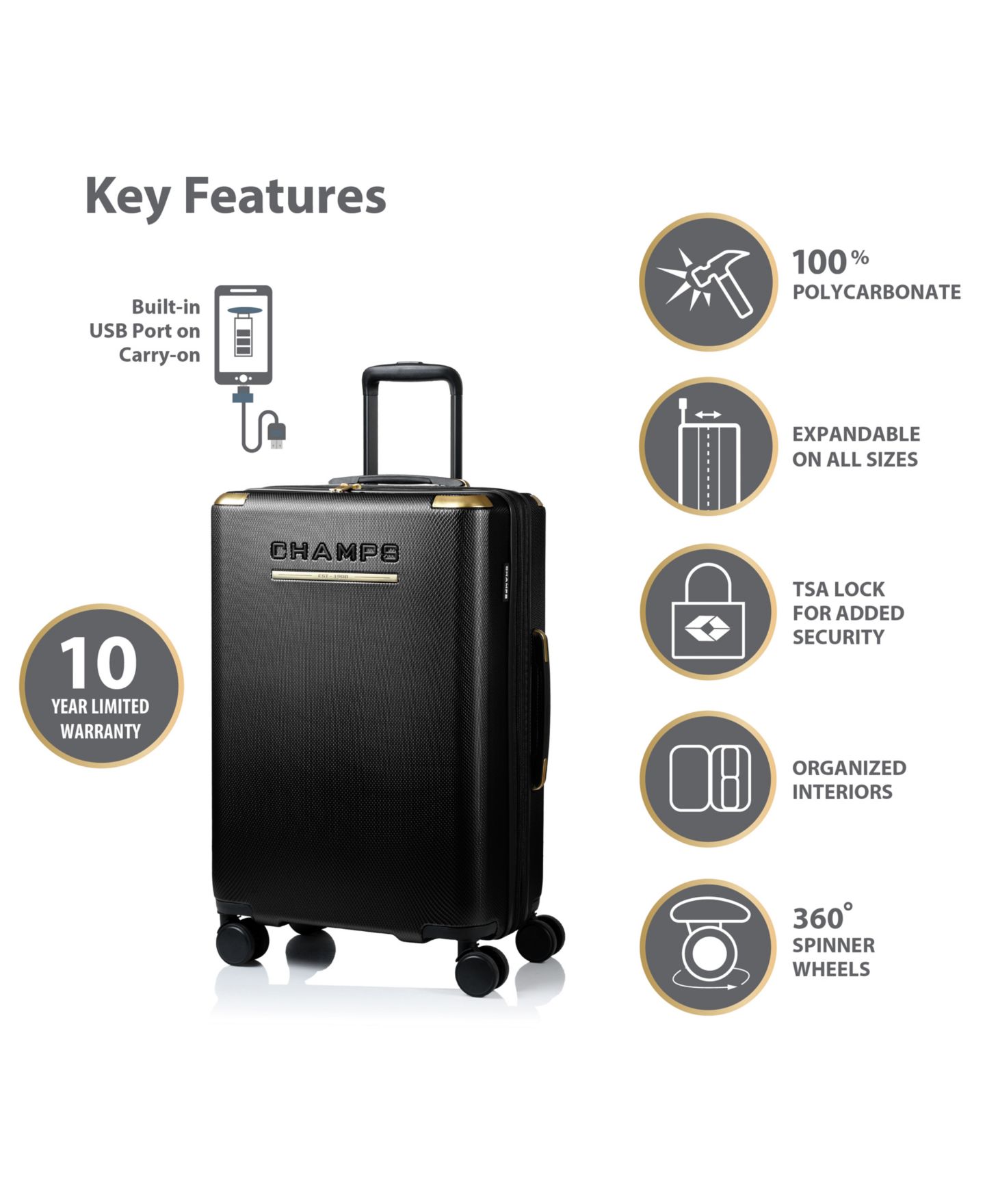 Чемоданы CHAMPS 3-Piece Luxe II Collection Hardside Luggage Set, цвет: Чёрный — фото 10