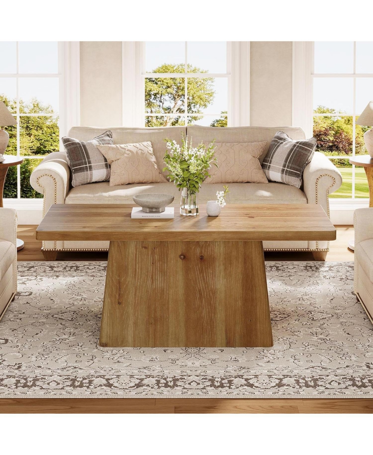 Tribesigns 47" Pedestal Coffee Table, Solid Wood Coffee Table, Rustic Brown