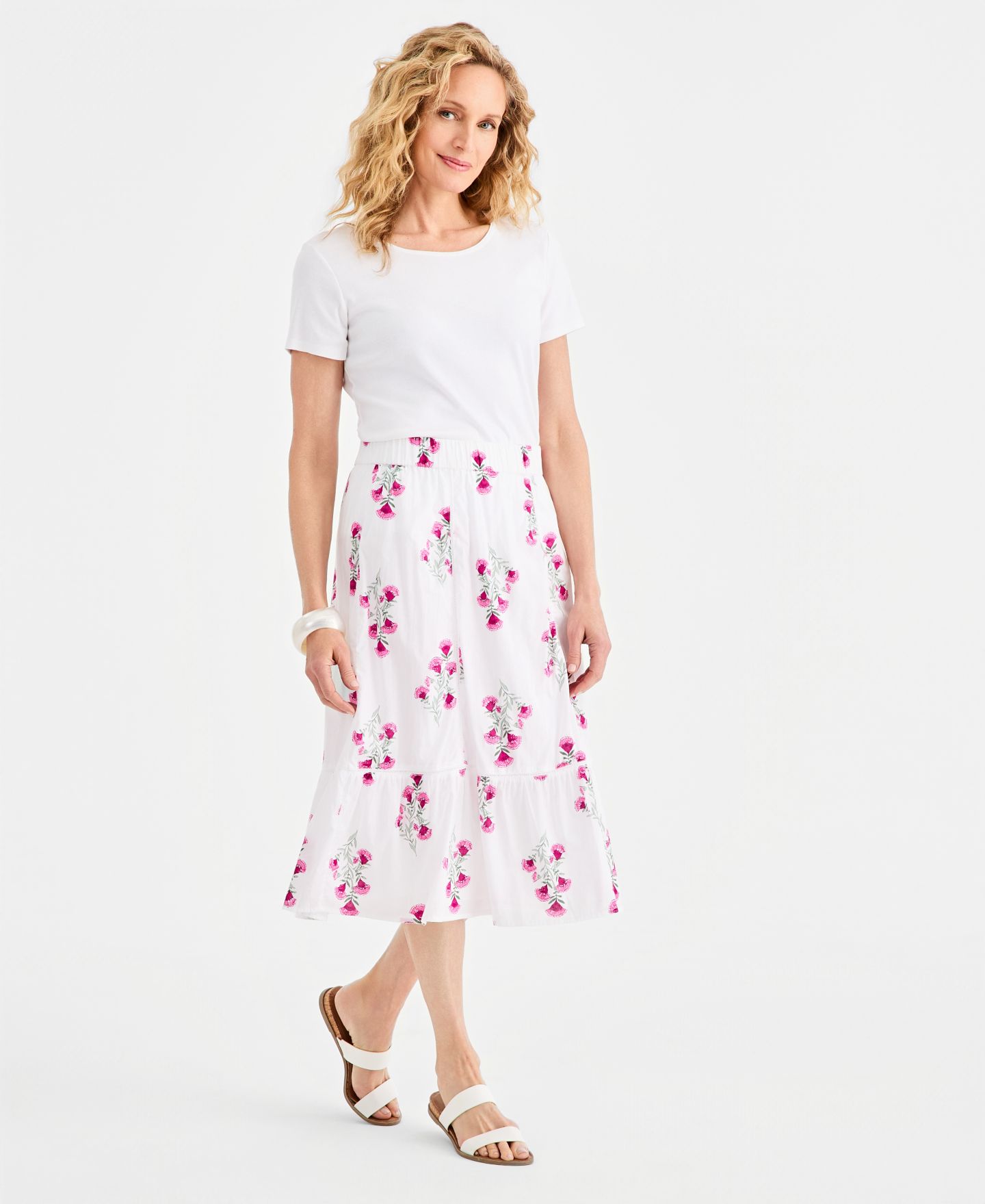 Женская юбка Style & Co Printed Cotton Pull-On Midi, цвет: Яркий белый — фото 1