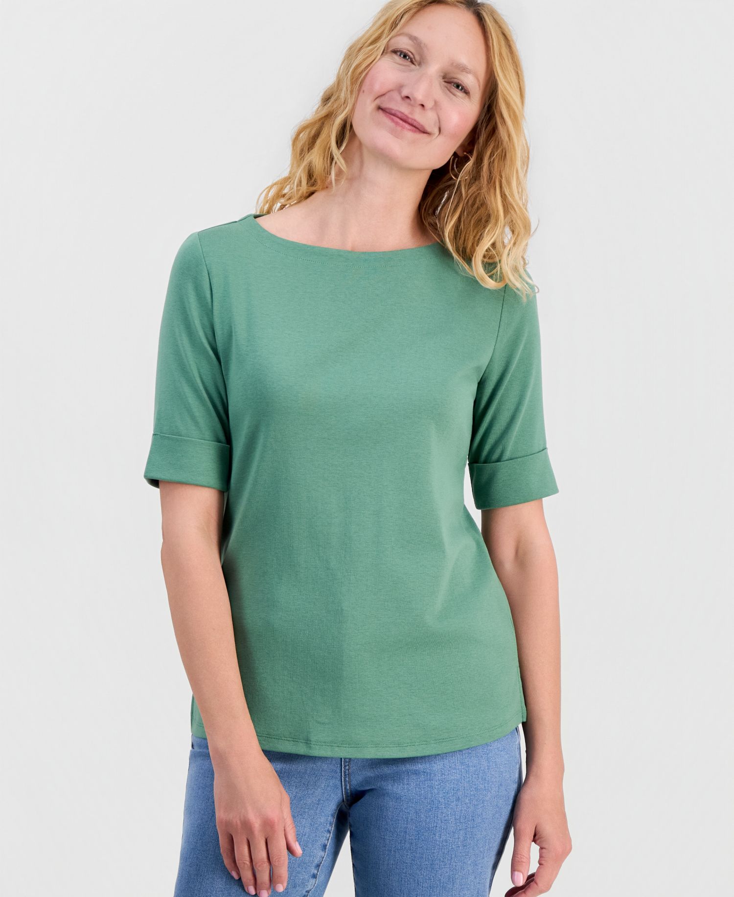 Petite Cotton Elbow-Sleeve Boat-Neck Top