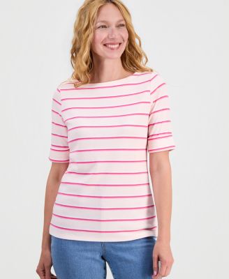Women's Printed Boat-Neck Elbow-Sleeve Top