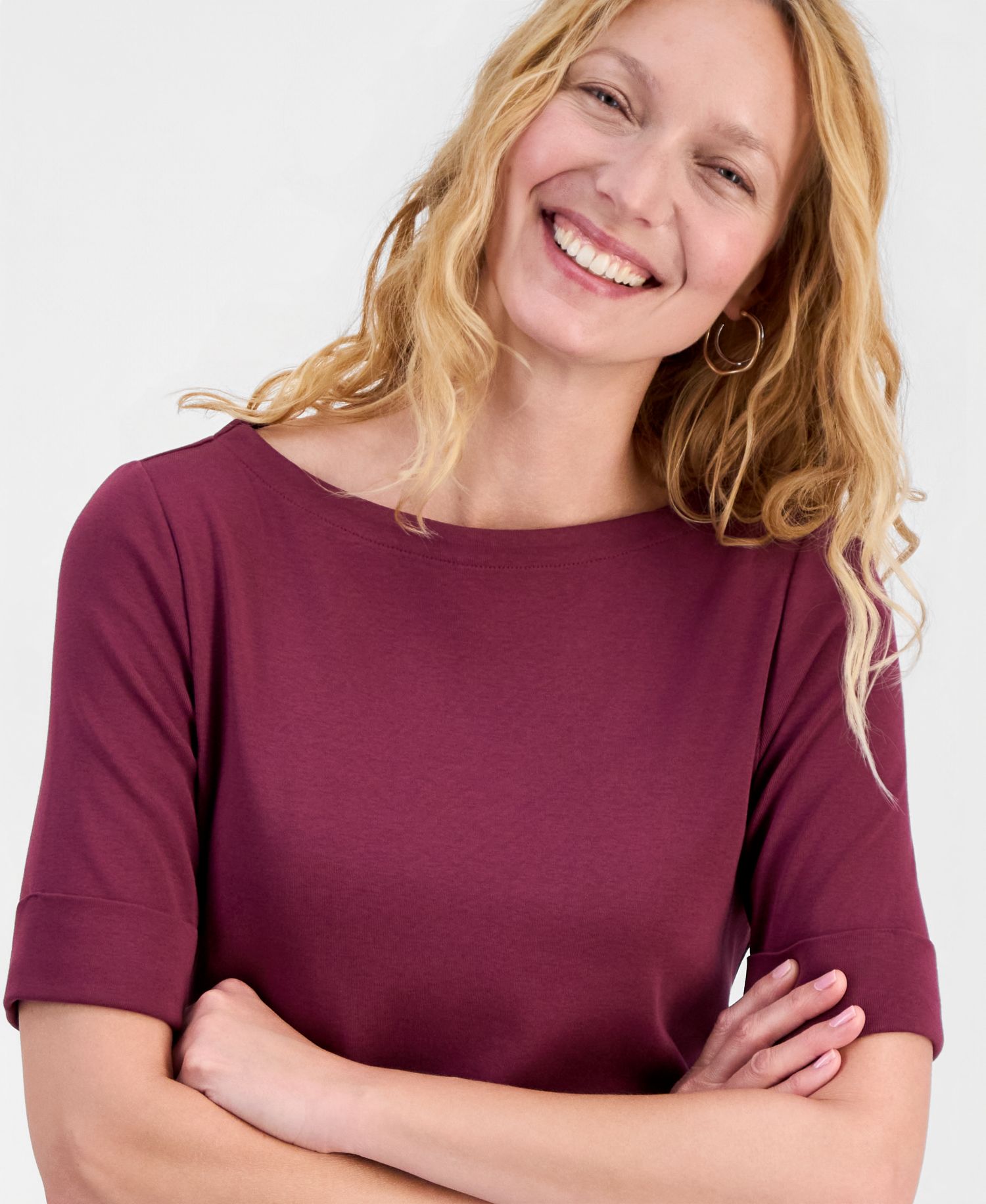 Petite Cotton Elbow-Sleeve Boat-Neck Top