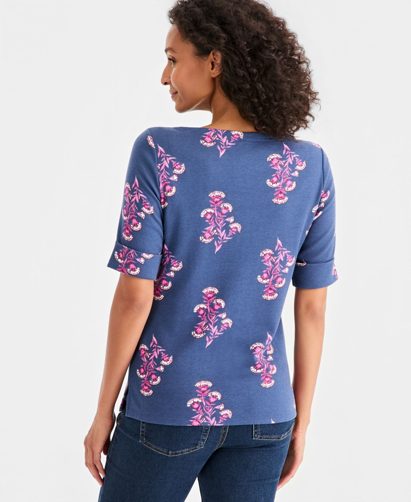 Женский топ Style & Co Printed Boat-Neck Elbow-Sleeve Top, цвет: Синий — фото 4
