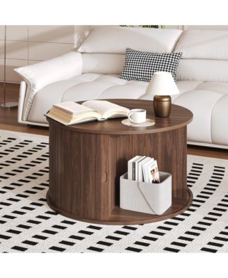 28" Round Coffee Table with Storage, Mid Century Modern Fluted Accent Table with  Sliding Tambour Door for Living Room