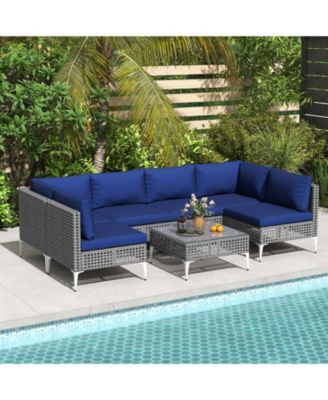 7 Piece Outdoor Furniture Set with Seat & Back Cushions Tempered Glass Coffee Table