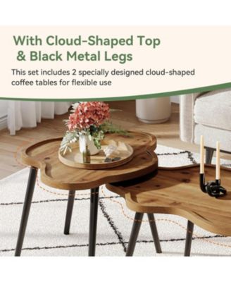 Nesting Coffee Table Set of 2, Solid Wood Coffee Tables with Cloud Tabletop