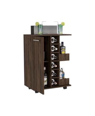 Dark Bar Cart with 4 Casters, Cabinet and 6 Bottle Cubbies