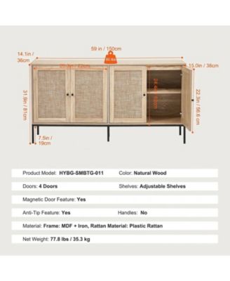 Rattan Cabinet, Rattan Storage Cabinet with 4 Magnetic Doors and Adjustable Shelves, Sideboard Buffet Cabinet for Hallway, Entryway, Living Room