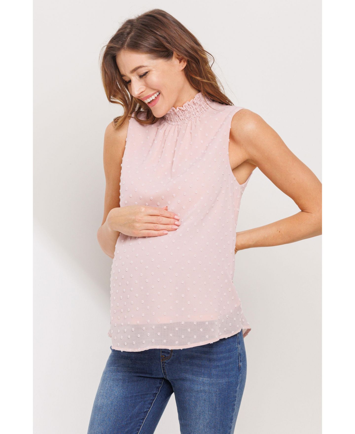 Женская блузка Hello Miz Maternity Swiss Dot Mock Neck Sleeveless Blouse, цвет: Пудровый — фото 3