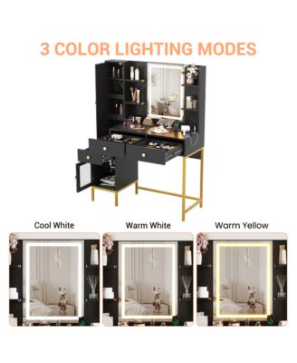  Modern Vanity Desk with LED Lighted Mirror - 3-Color Dimmable Lighting, USB Charging Station, Hidden Jewelry Cabinet, Drawers and Shelves