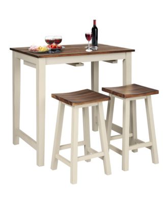 3-Piece Bar Table Set Counter Pub Tableand 2 Saddle Bar Stools w/ Hanging Design