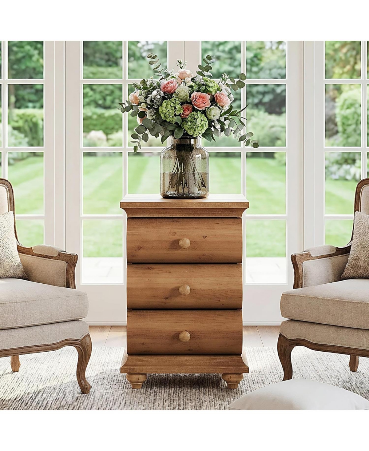 Tribesigns Solid Wood End Table, 3 Drawers Narrow Sofa Side Table with Finished Back, Rustic Slim Nightstand Bedside Table