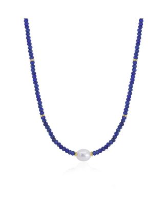 Lapis Bead Pearl Necklace 14K Gold